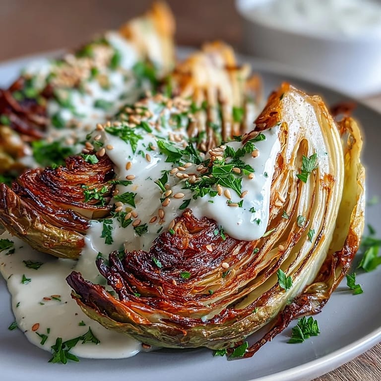 A close-up of tender roasted cabbage wedges with tahini sauce, garnished with toasted sesame seeds and a pinch of paprika.