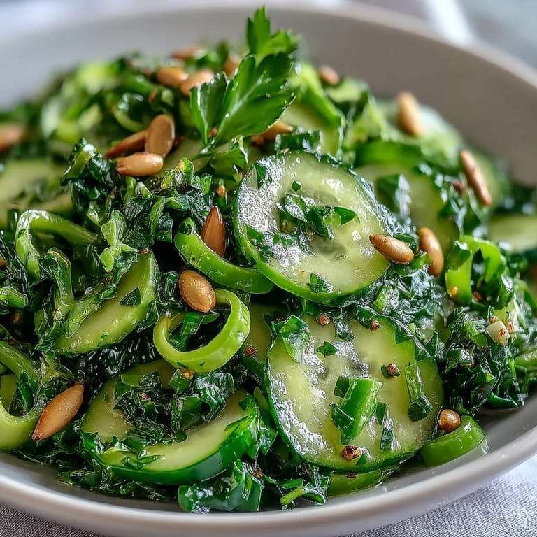 Topped with pumpkin seeds, this Glowing Green Salad looks vibrant and is ready for a healthy, light lunch.
