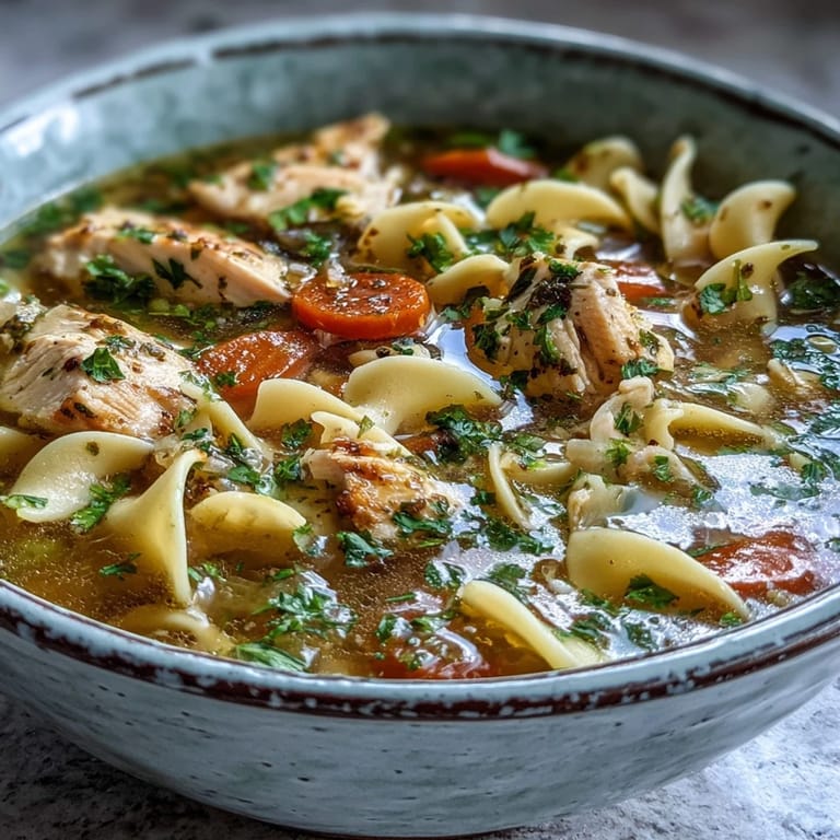 A bowl of homemade Chicken Noodle Soup, garnished with parsley, paired with crusty bread.