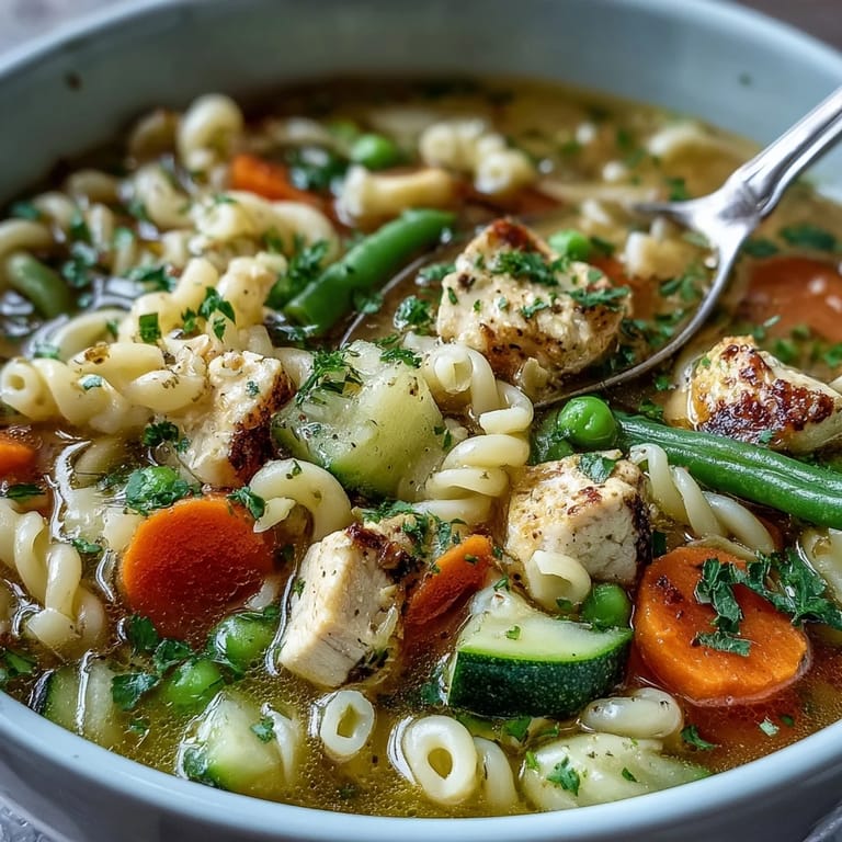 Close-up of simmering Pasta Soup With Chicken and Vegetables in a rustic pot. 