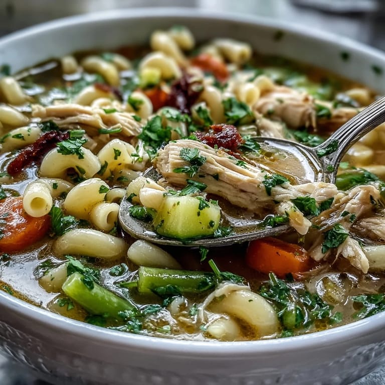 Hearty Pasta Soup With Chicken and Vegetables served with crusty bread and white wine.