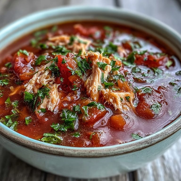 Savory Italian-inspired Tuna and Tomato Soup simmering in a pot with diced tomatoes, carrots, and celery visible.