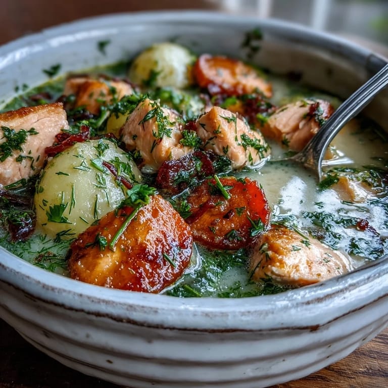Homemade Finnish Salmon Soup featuring soft potato cubes, carrots, and creamy broth, ready to enjoy for dinner.