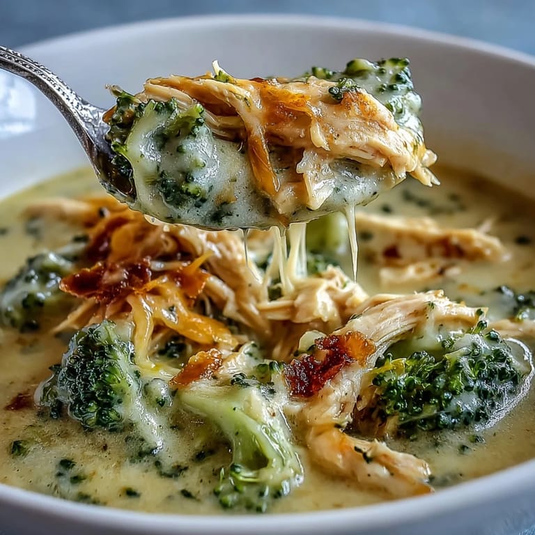 A ladle of homemade Best Chicken Broccoli Cheddar Soup revealing tender chicken and broccoli florets in a rich, cheesy cream base.