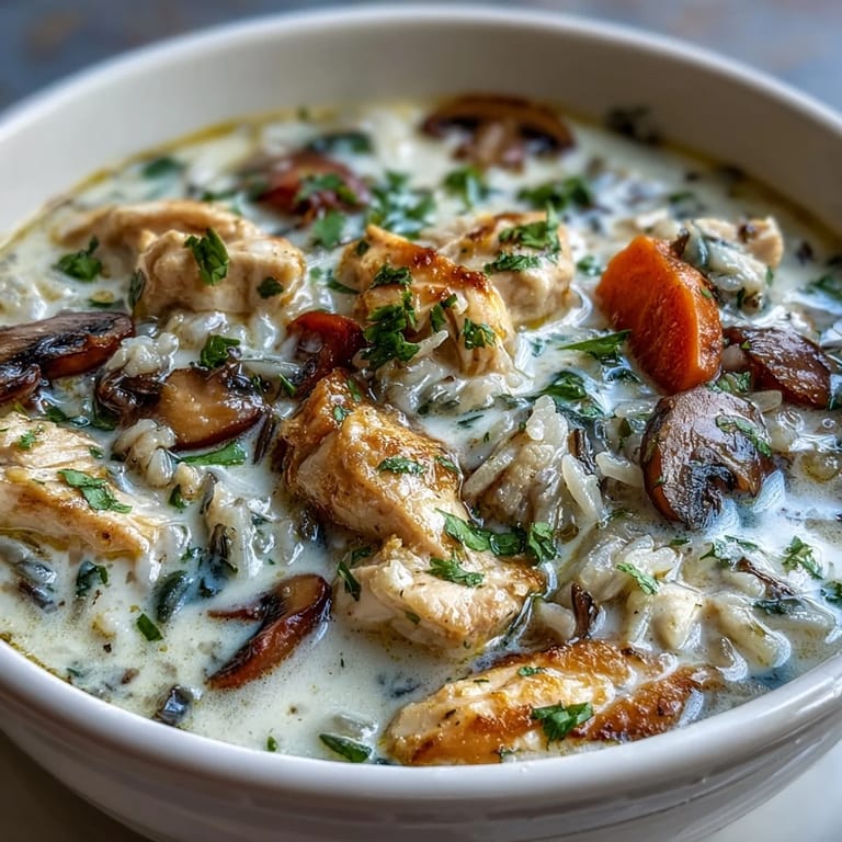 Creamy Parmesan Mushroom Chicken and Wild Rice Soup garnished with fresh thyme and extra cheese.