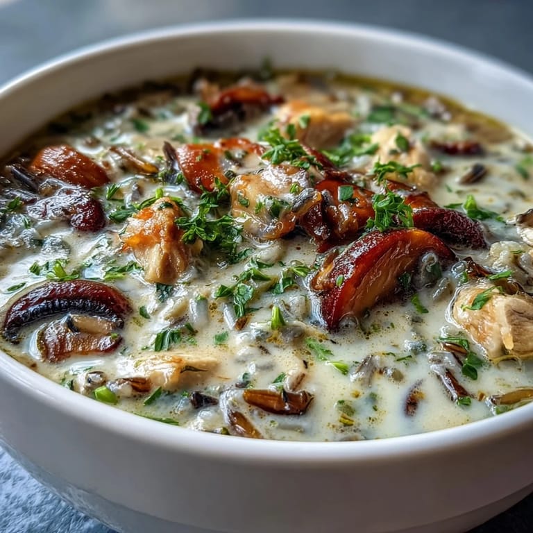 Spoon dipping into rich Parmesan Mushroom Chicken and Wild Rice Soup with tender chicken and mushrooms.