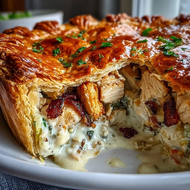 A slice of hearty Chicken and Leek Pie rests on a white plate, served alongside roasted carrots and fresh thyme garnish.