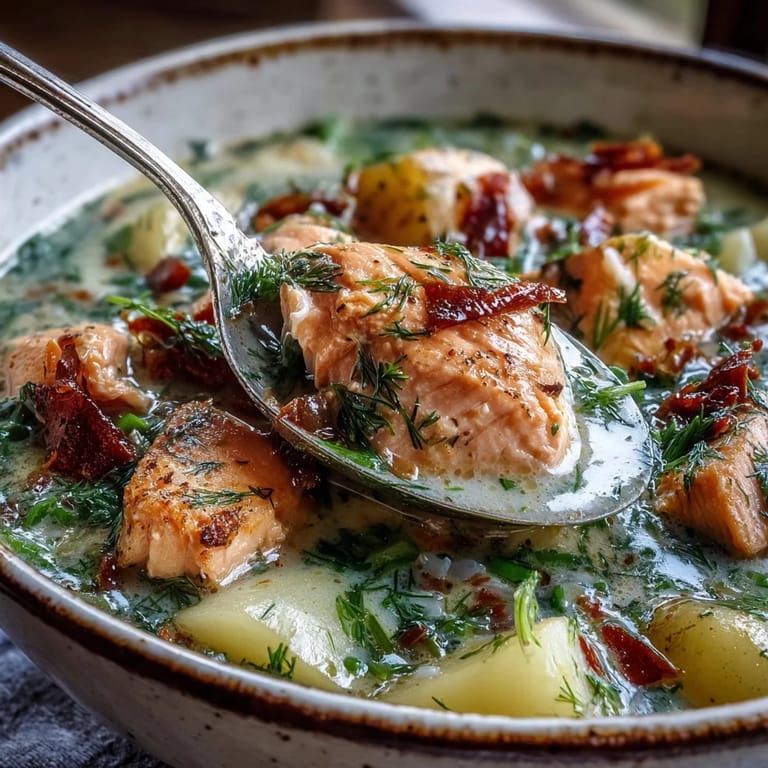 A hearty bowl of Finnish Salmon Soup garnished with dill, paired with crusty rye bread for dipping.
