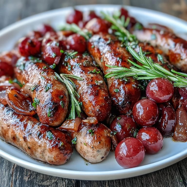 Juicy Roasted Sausage and Grapes served hot on a platter, topped with tender roasted onions and a rustic spoon ready.
