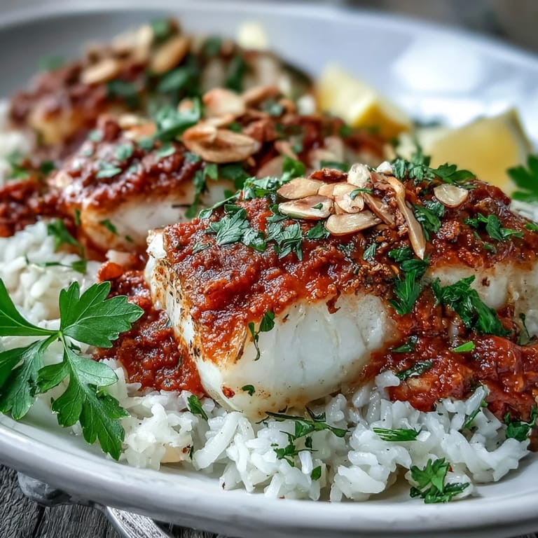 Freshly roasted Tomato-Roasted Cod with Spiced Almonds served in a white dish with lemon wedges and parsley garnish.