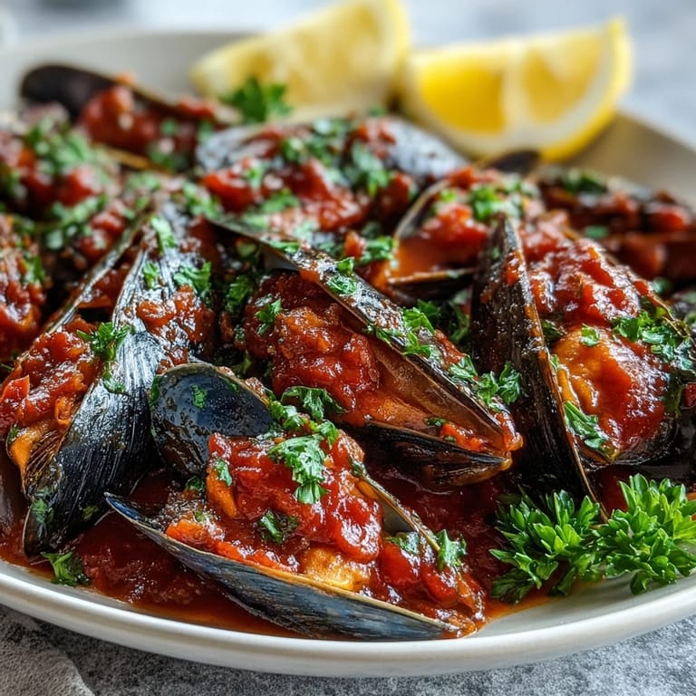 A hearty serving of Smoky Mussels Pomodoro in a deep skillet, glistening with smoky tomato sauce and ready to enjoy.