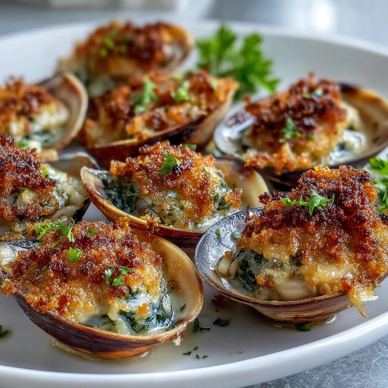 Crisp, buttery lemony panko crowns tender roasted clams on a baking sheet, garnished with parsley.