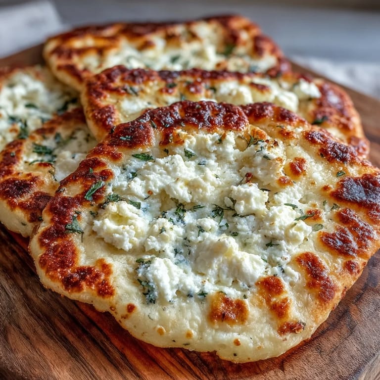 A close-up shows soft, warm fluffy cottage cheese flatbread torn open to reveal a pillowy interior, served with olive oil for dipping.