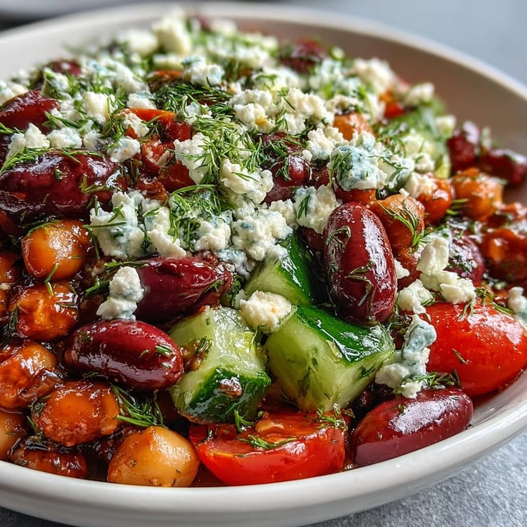A close-up of Greek Bean Salad with Lemon Marinated Beans featuring cucumber, tomatoes, and a zesty dressing.