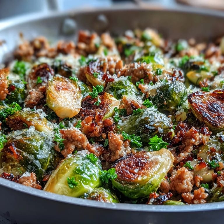 Golden-brown Brussels sprouts and savory ground turkey mingle in a skillet, brightened with lemon and finished with a sprinkle of Parmesan and parsley.