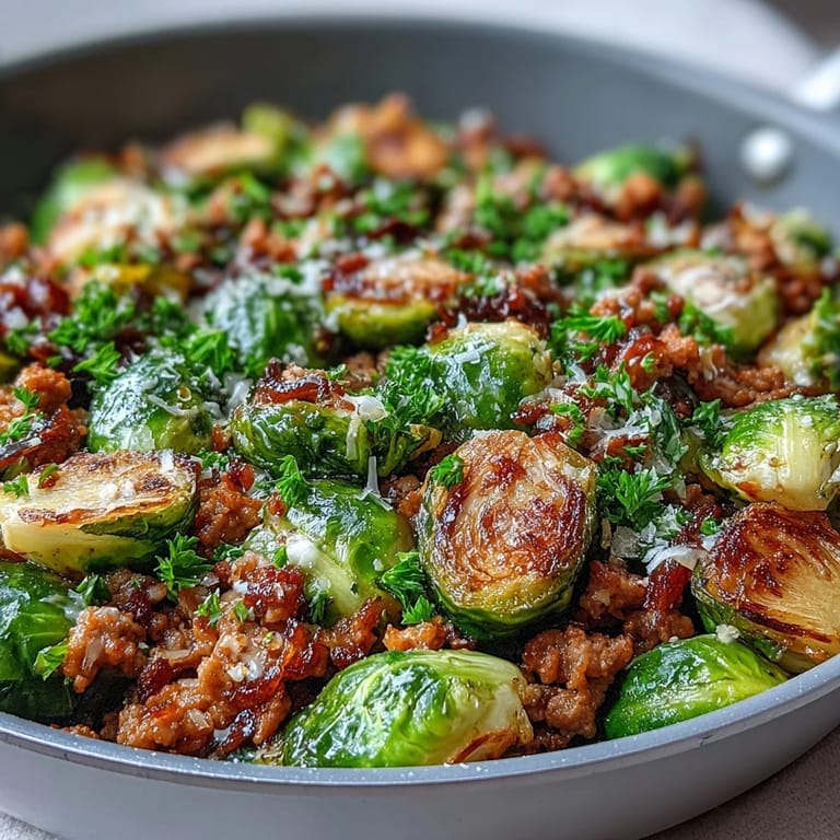 In a skillet, Brussels Sprouts & Ground Turkey Skillet pairs crisp-edged sprouts and seasoned turkey with a splash of chicken broth for a wholesome, weeknight meal.