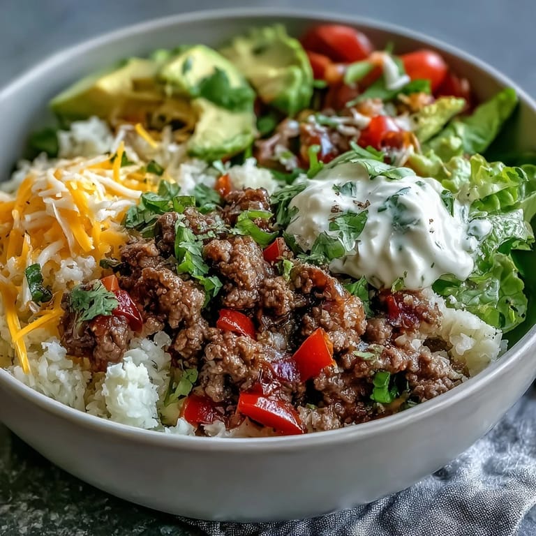 A colorful Low Carb Burrito Bowl features juicy ground beef, fluffy cauliflower rice, cherry tomatoes, sour cream, and lime wedges.