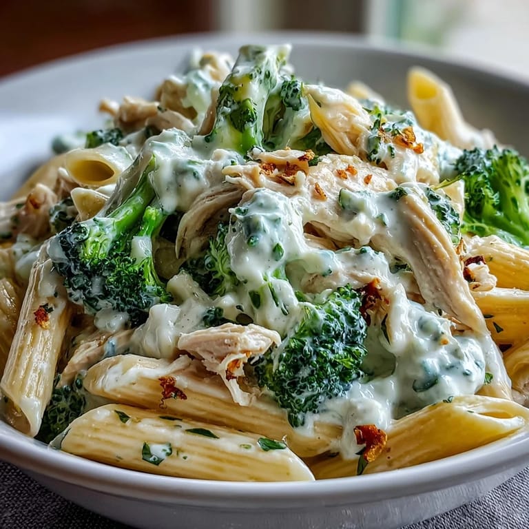 Forkful of whole-wheat penne tossed with juicy rotisserie chicken, steamed broccoli florets, and a silky Greek yogurt Parmesan sauce.