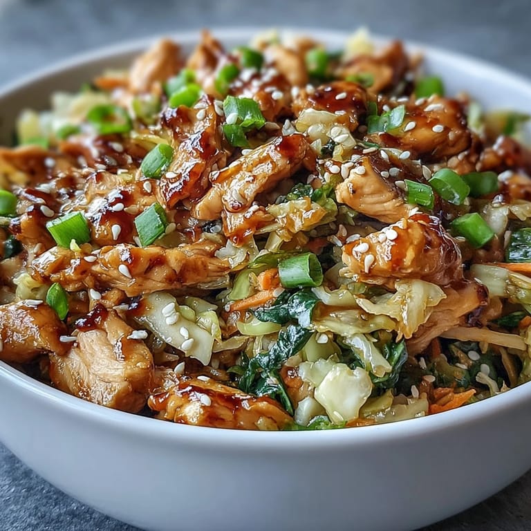 Close-up of Egg Roll Bowls with Chicken and Cabbage, showcasing a tangy soy-sesame glaze and colorful shredded carrots.