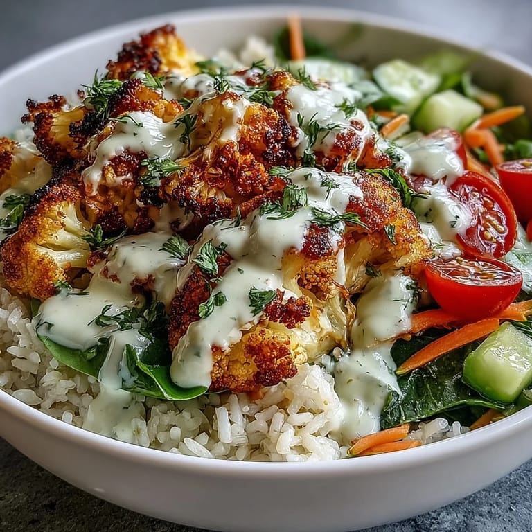A bowl of Roasted Cauliflower Bowl features herb roasted cauliflower over rice with spinach and a lemony tahini drizzle.