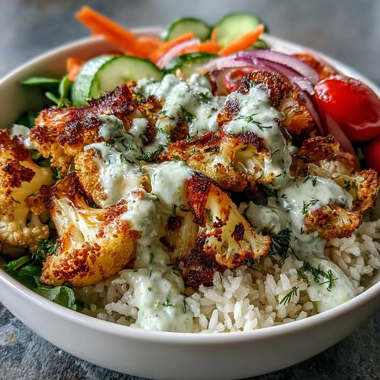 Vibrant Roasted Cauliflower Bowl with juicy tomatoes, crisp cucumbers, and carrots, ready to serve with tahini sauce.