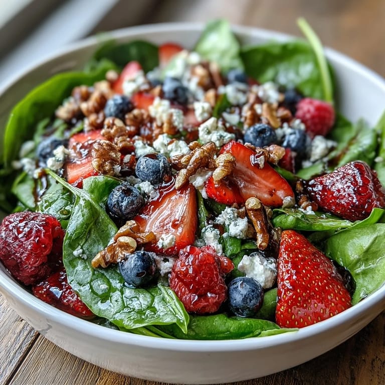 Close-up of Spinach and Berry Salad Bowl, drizzled with balsamic vinaigrette and garnished with thinly sliced red onion.