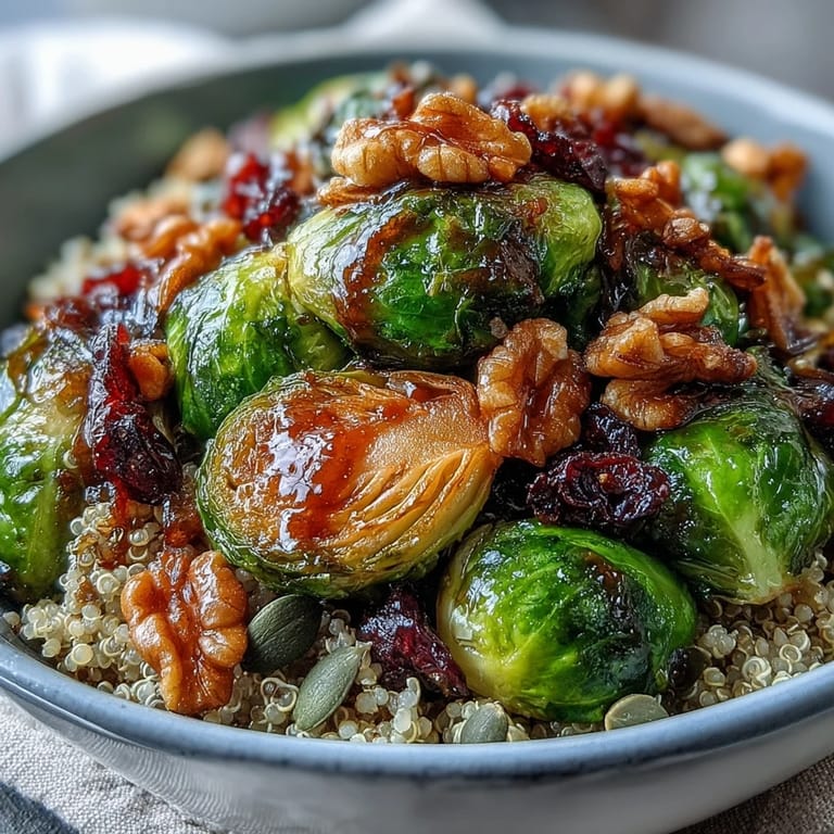 A close-up of caramelized Brussels sprouts and onions in a Roasted Brussels Sprouts Bowl, topped with walnuts and cranberries.