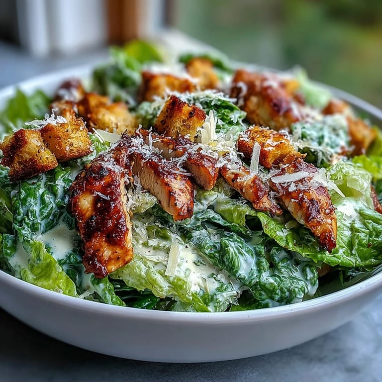 This vibrant Romaine Caesar Bowl features roasted chickpeas, cherry tomatoes, and a creamy homemade dressing ready to serve.