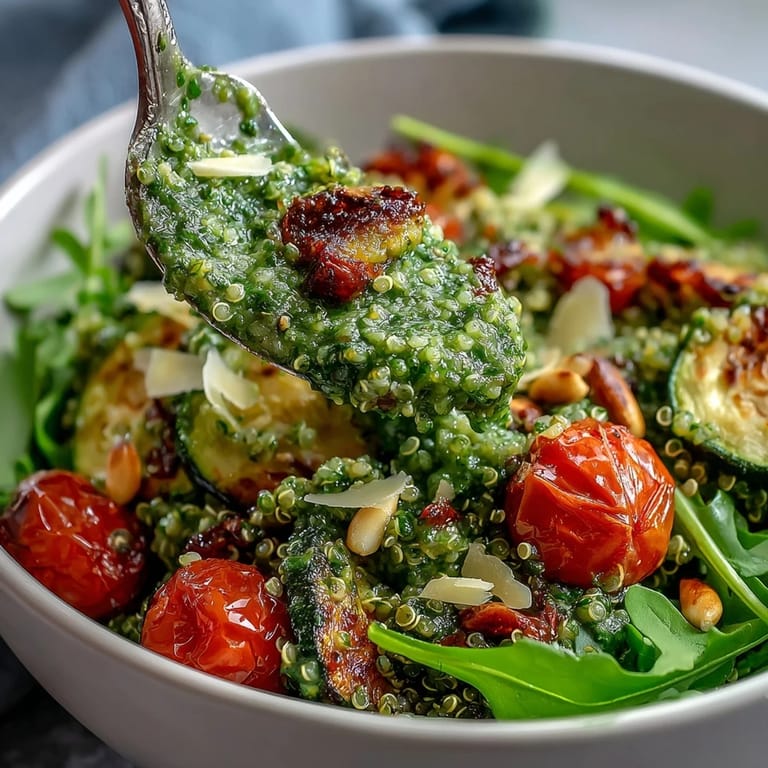 Colorful Arugula Pesto Bowl tossed in zesty homemade pesto, garnished with grated Parmesan and a lemon wedge.