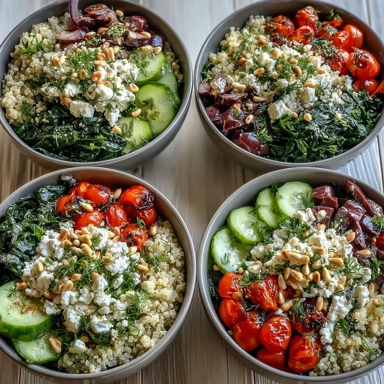 Spoon into a fresh Spinach and Feta Grain Bowl featuring sautéed spinach, tomatoes, and cucumber.