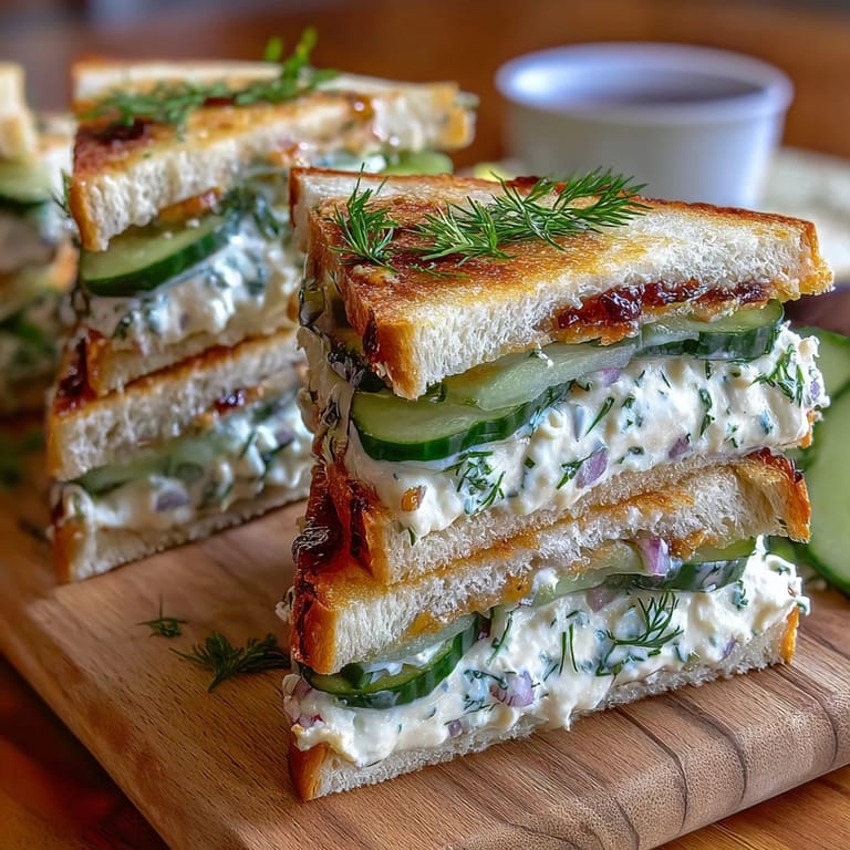 Elegant finger sandwiches with lemon butter, fresh cucumber, and herbs, perfect for a springtime tea party celebration.