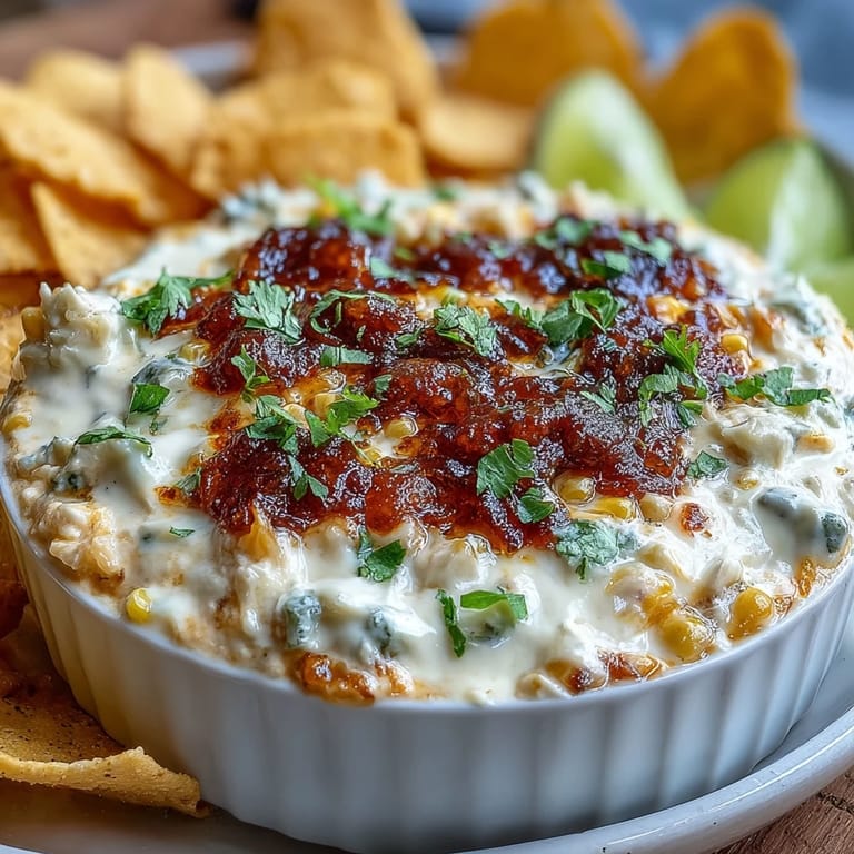 Spicy Mexican elote dip featuring cotija cheese, jalapeño, and chili powder, perfect for parties.  