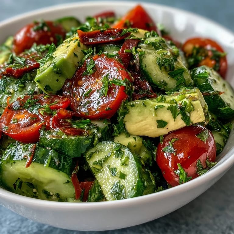 Creamy avocado and crisp cucumber paired with juicy tomatoes, all drizzled in tangy lemon dressing for a refreshing salad.