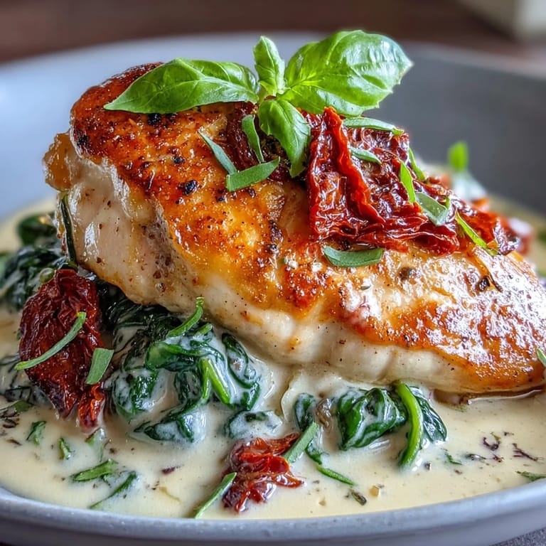 Golden-seared chicken breasts simmered in a velvety cream sauce with sun-dried tomatoes and fresh basil.