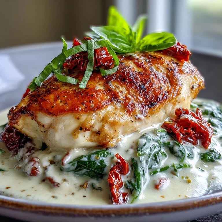 Hearty Creamy Tuscan Chicken served hot with wilted spinach in a silky, aromatic cream sauce.