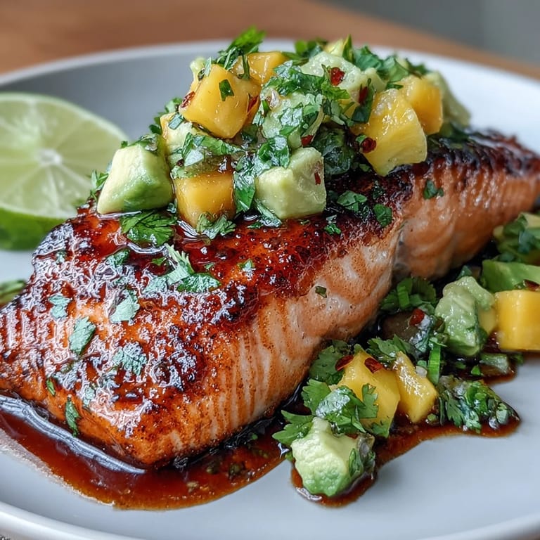 Fresh baked salmon served with zesty mango avocado salsa, combining tender fish and bright, refreshing flavors.