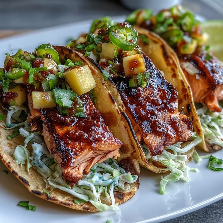 Zesty mango salsa tops perfectly grilled salmon in these easy, healthy fish tacos for summer.  