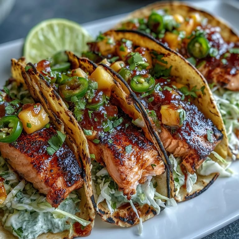 Colorful grilled salmon tacos with bright mango salsa, red cabbage, and lime wedges for serving.