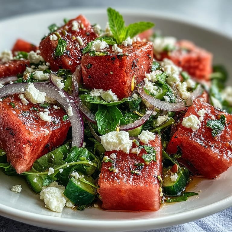 Colorful watermelon and arugula salad featuring juicy fruit, peppery greens, crumbled feta, and crunchy pistachios in a zesty citrus vinaigrette.