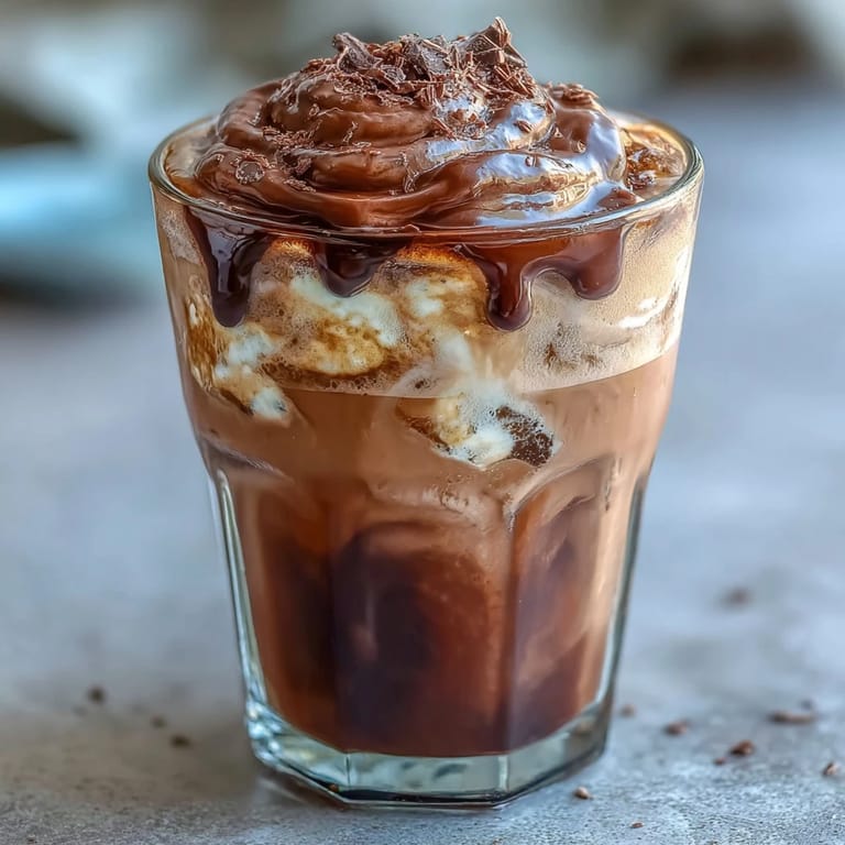 Rich, creamy chocolate foam floats on bold cold brew coffee, garnished with chocolate drizzle for extra indulgence.