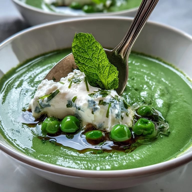 Creamy pea soup garnished with smooth whipped ricotta and bright mint oil, perfect for a light vegetarian meal.