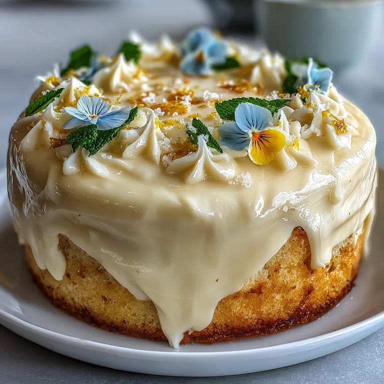 Bright lemon sunshine cake topped with silky frosting and fresh pansies for a festive dessert.