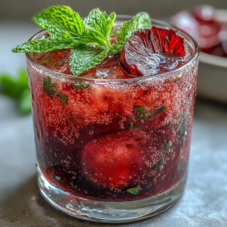This bright pink non-alcoholic beverage features hibiscus tea, zesty lemon juice, and cooling mint leaves topped with chilled sparkling water.  