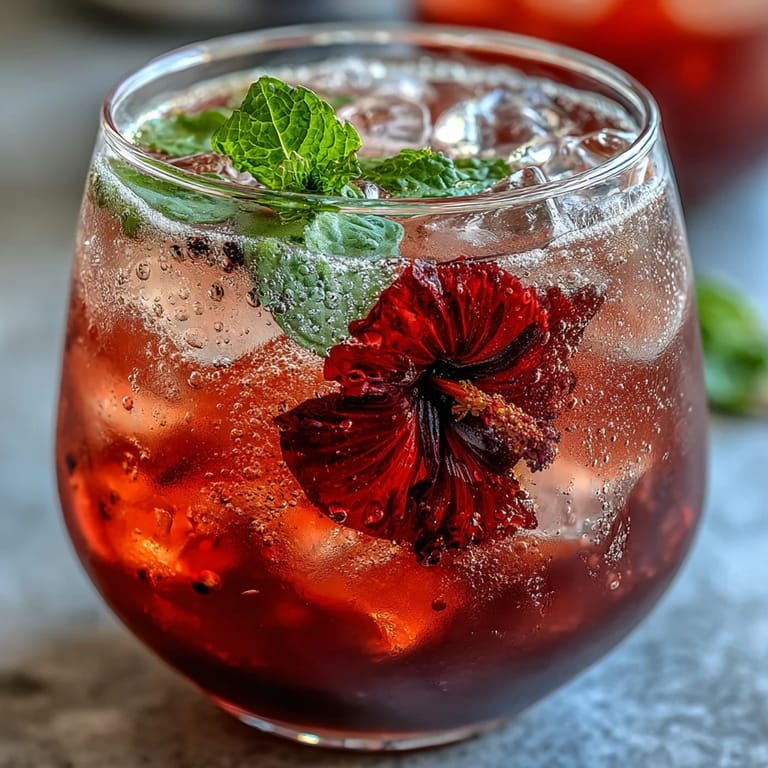 A pitcher of homemade hibiscus mint lemonade with ice cubes, garnished with lemon wheels and fresh mint sprigs for a stunning presentation.