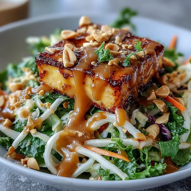 Vibrant Thai mango salad topped with golden crispy tofu, crunchy vegetables, and rich peanut dressing, offering a delightful balance of sweet and savory flavors.