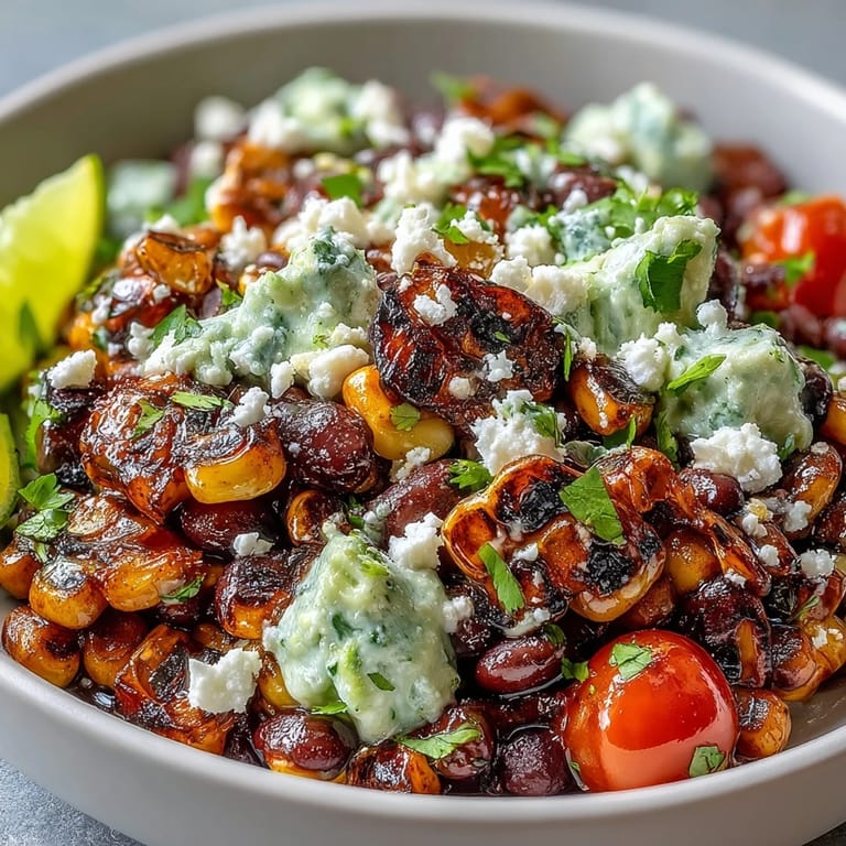 Colorful taco salad with charred corn, black beans, crisp lettuce, and tortilla chips for crunch.  