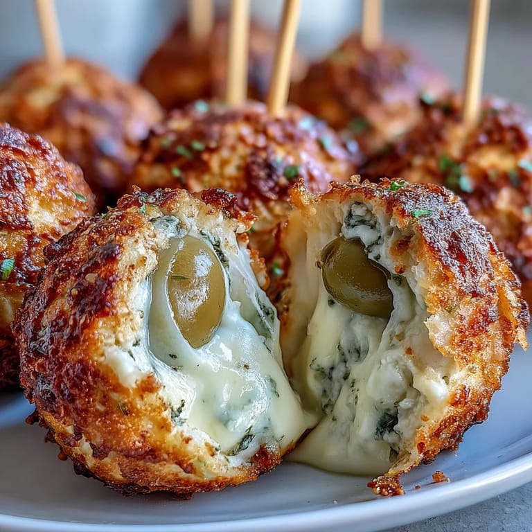 Bite-sized cheddar olive cheese balls wrapped in spiced dough and baked golden, perfect for festive skewer appetizers.