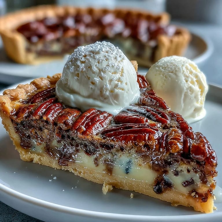 Glistening chocolate bourbon pecan tart slice reveals gooey center, studded with toasted pecans and hints of Kentucky bourbon.