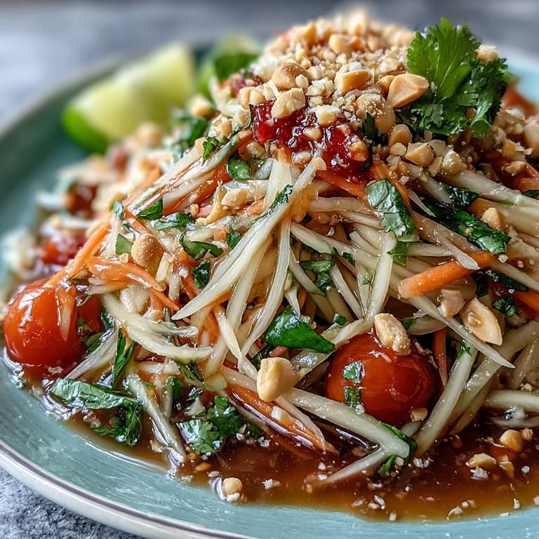 Crisp Som Tam salad featuring shredded green papaya, crunchy peanuts, and juicy tomatoes.
