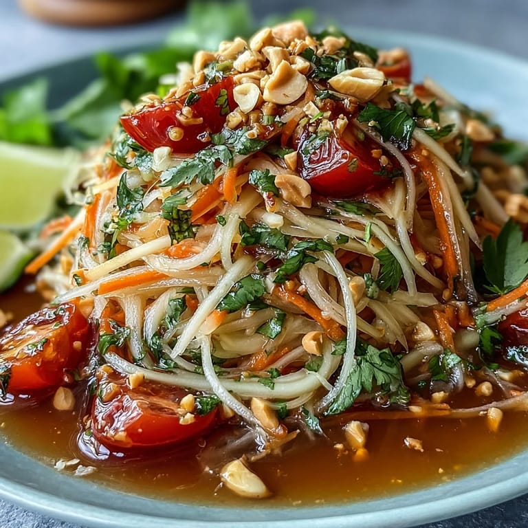 Flavorful Thai Papaya Salad, ready to serve with lime wedges and a spicy kick.